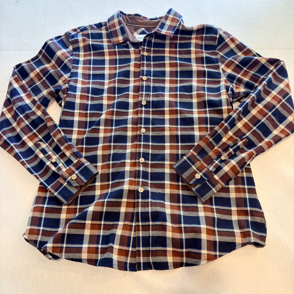 Thomas Sterling Mens L Navy Rust Plaid Button Down Shirt Long Sleeve Preppy